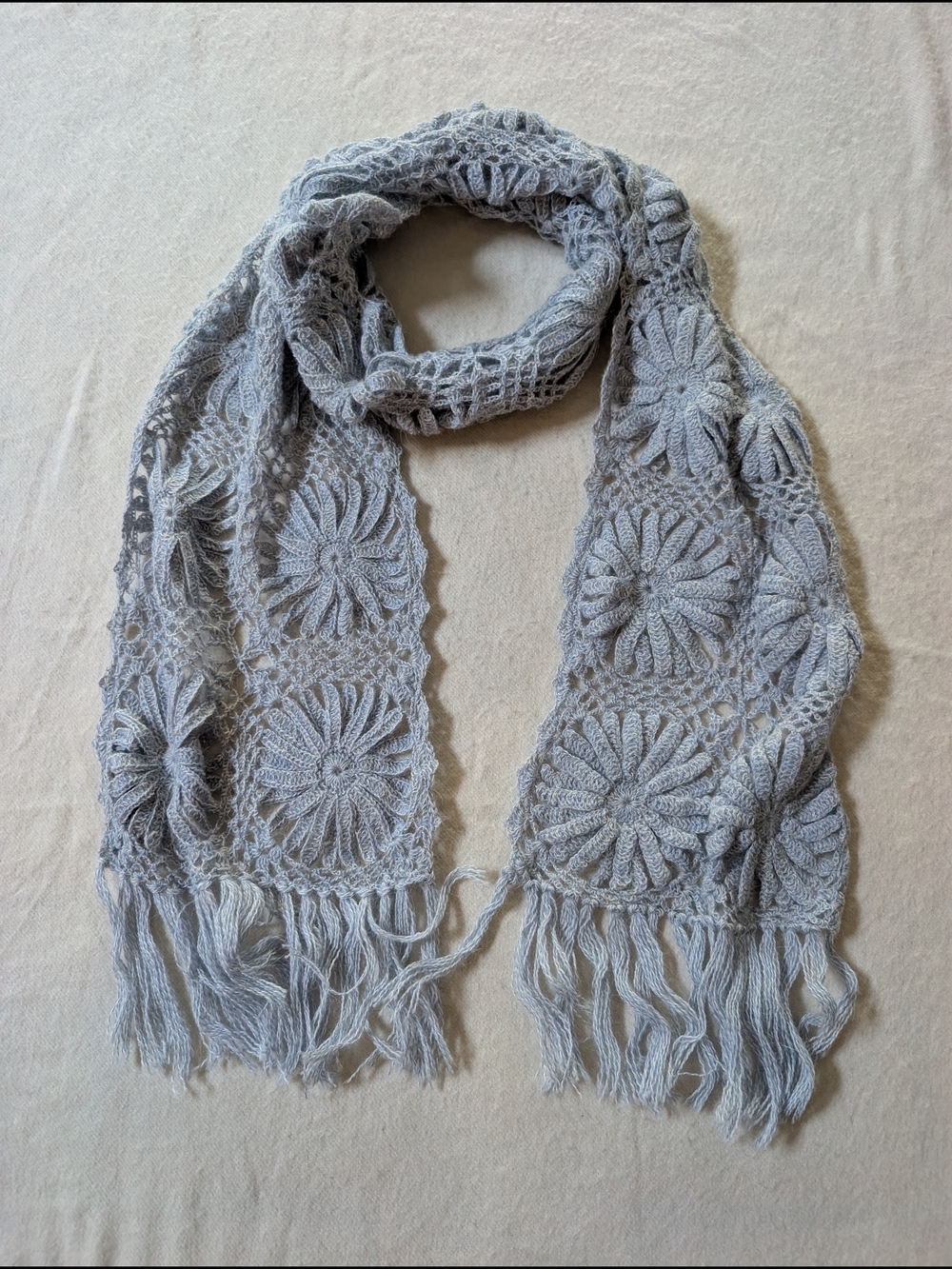 Baby Alpaca Novica Crochet Floral Fringe Scarf - Light Blue